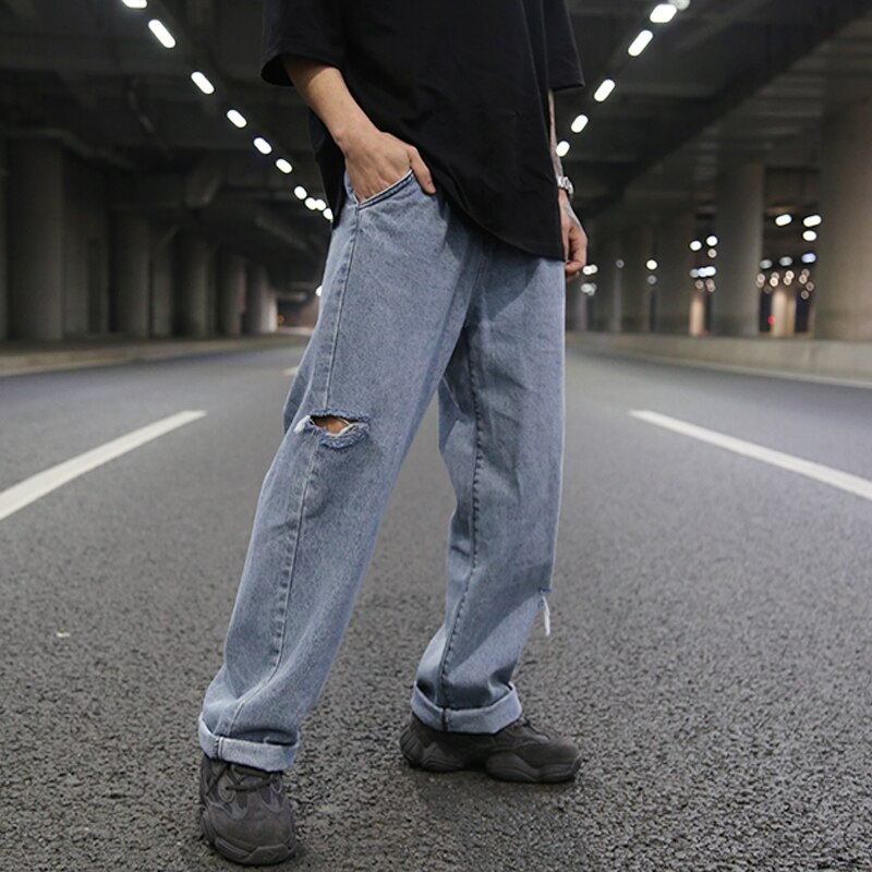 Sidehull retro denim bukser med brede ben herre rette bukser pluss størrelse rap hip hop streetwear uformell vår lang bukse