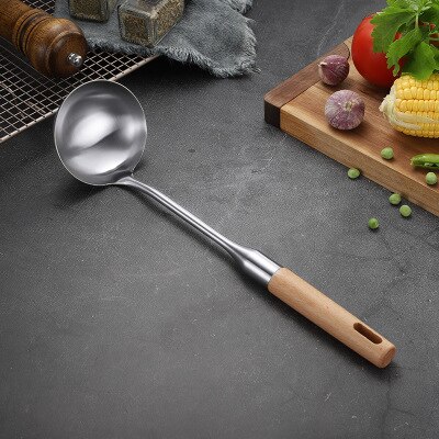 Espátula para utensilios de cocina, cuchara con colador, cucharas para sopa, pala ranurada, utensilios de cocina de acero inoxidable, batería de cocina mango de madera, cocina: SoupSpoon
