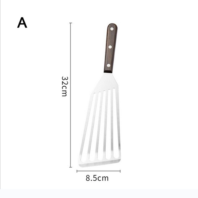 Multi-Purpose Cooking Stainless Steel Fish Spatula Metal Blade With Long Handle Fish Turner Utensils For Cooking Tools: Dark wood handle-L
