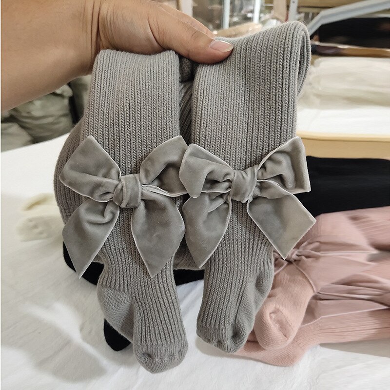 Große samt Band bowknot seite Baby mädchen strumpfhosen Weihnachten baumwolle Kleinkind Baby strumpfhosen für mädchen Gamaschen dicke socken: grau / 2 zu 3t