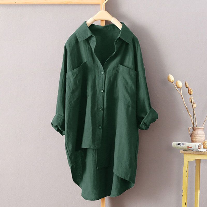 2025 Primavera Verano ropa de calle camisa holgada de Color sólido ropa de mujer bolsillos combinables blusa coreana de un solo pecho: L / Verde