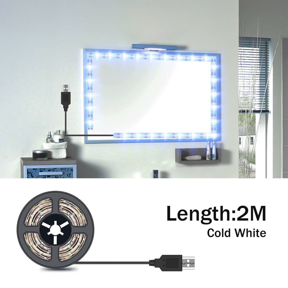 Luz LED para espejo de tocador de maquillaje, lámpara de belleza alimentada por USB para iluminación de decoración del hogar, 1M, 2M, 3M, 4M, 5M, 5V: 2M  Cold White