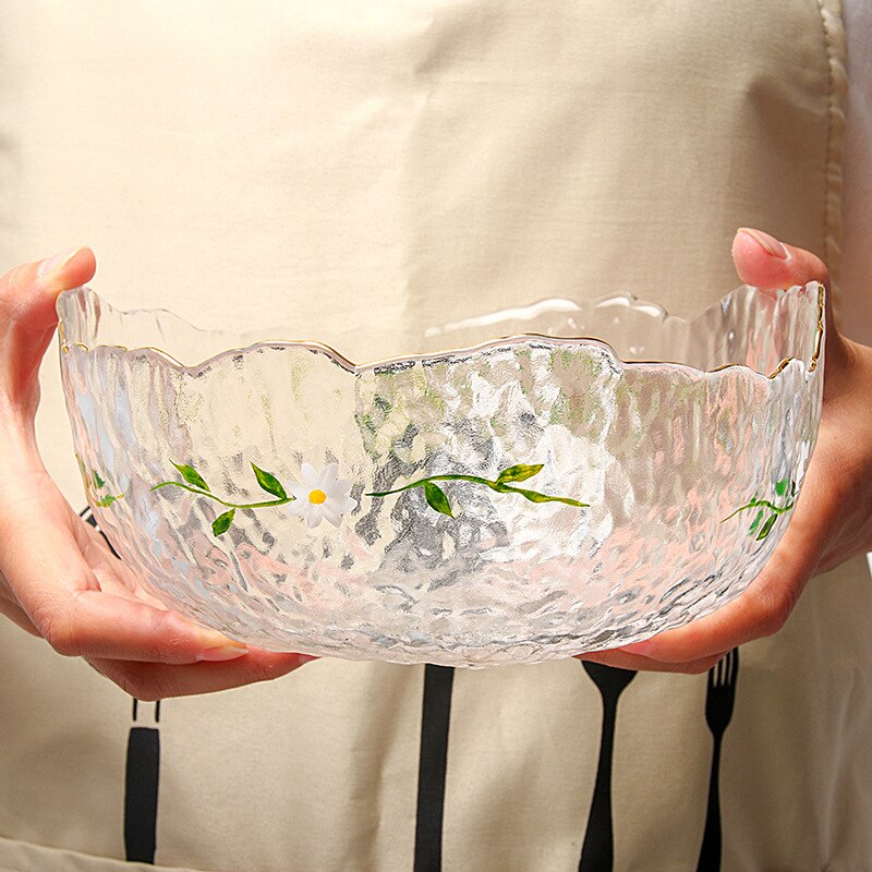 Cool Summer Hammer Mesh Glass Fruit Daisy Plate Salad Bowl Hand-painted Glass Tableware Dinner Set Plates and Dishes