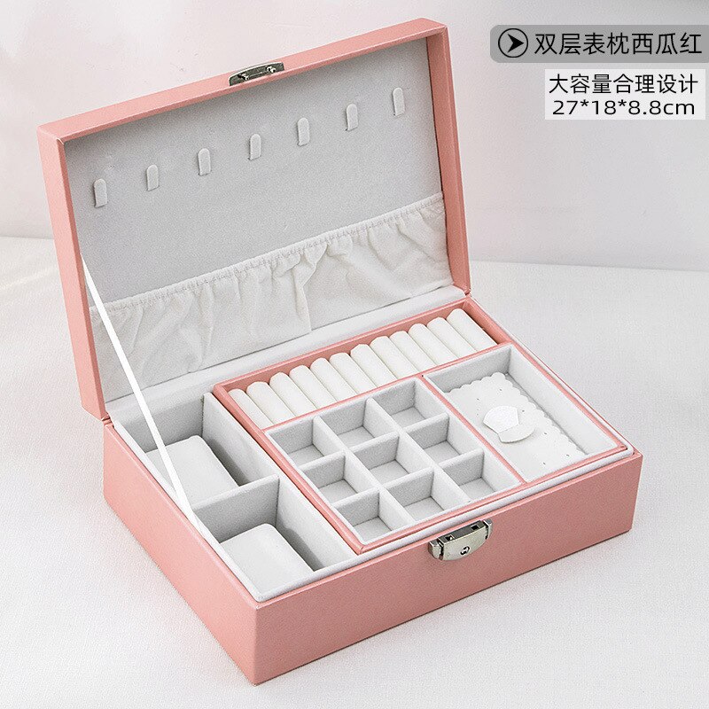 Newly Jewelry Storage Box Leather Portable Multi-layer Makeup Storage Box PU Watch Box Necklace Holder: Pink