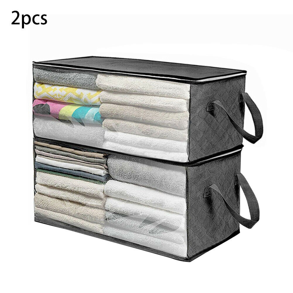 2 stk / sæt skabspose hjem opbevaringsboks fugtbestandig bærbar quilt arrangør bagage foldet sweater tøj tæppe lynlås: Sort