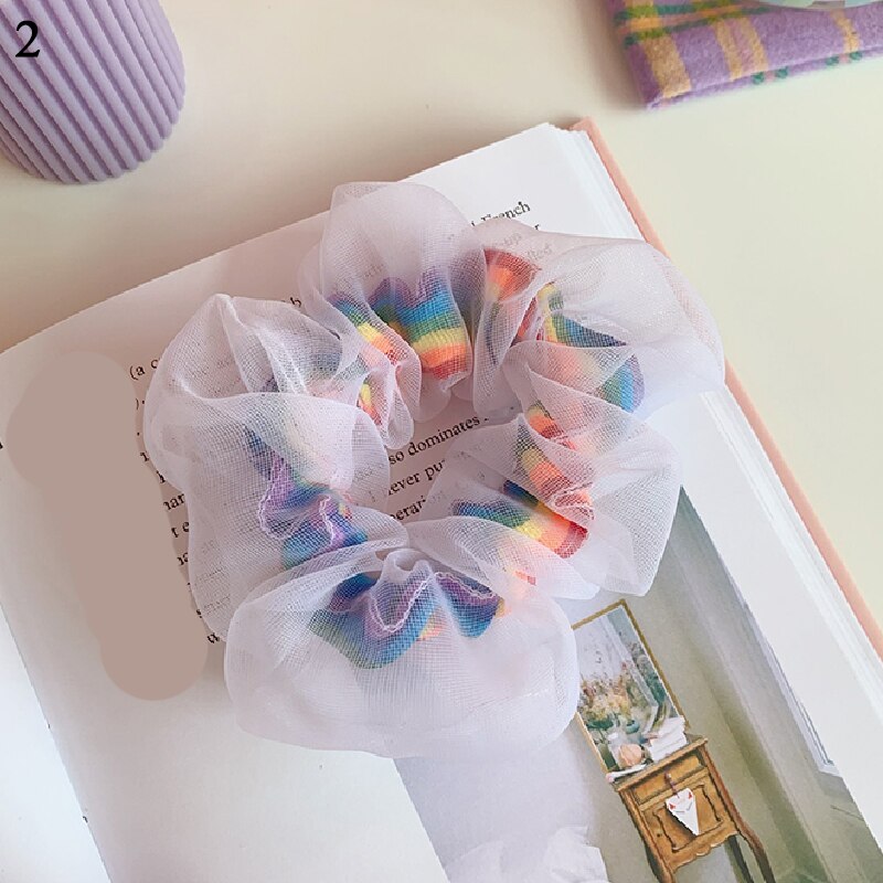 Corea mujeres elástico Kawaii bandas de encaje para el cabello Tie Girls Mesh Scrunchie coleta transparente Arco Iris accesorios para el cabello Headwe: 2