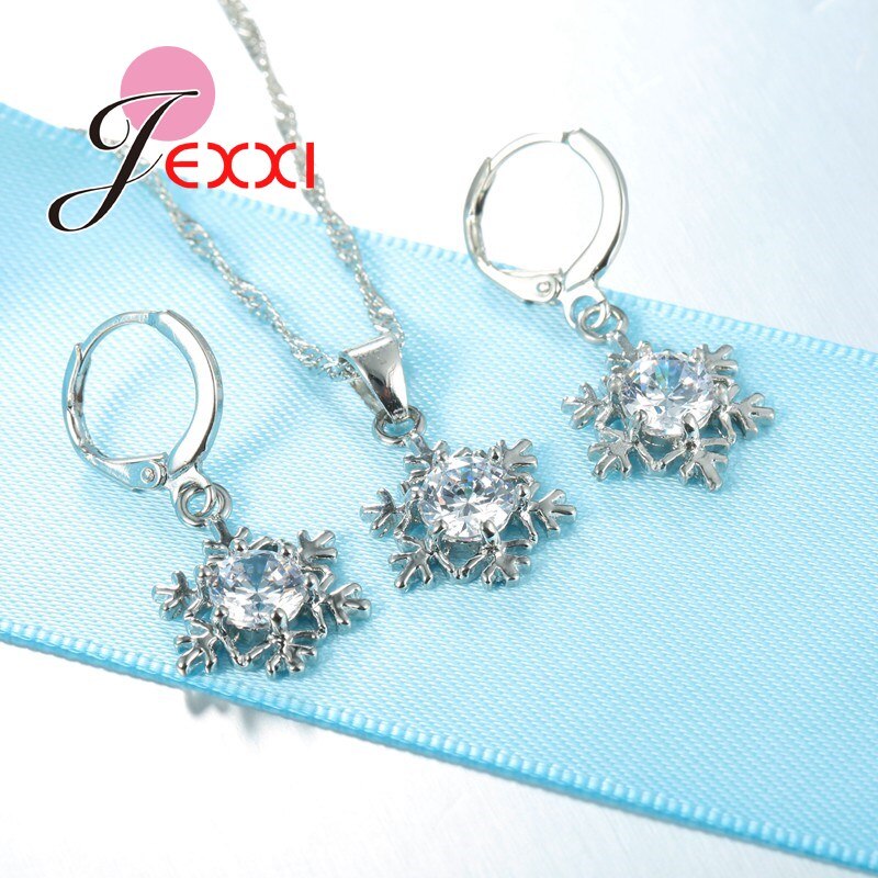 Copo de nieve exquisito con Circonia cúbica blanca Collar de plata de ley 925 pendientes conjunto de joyería para mujer/Niña