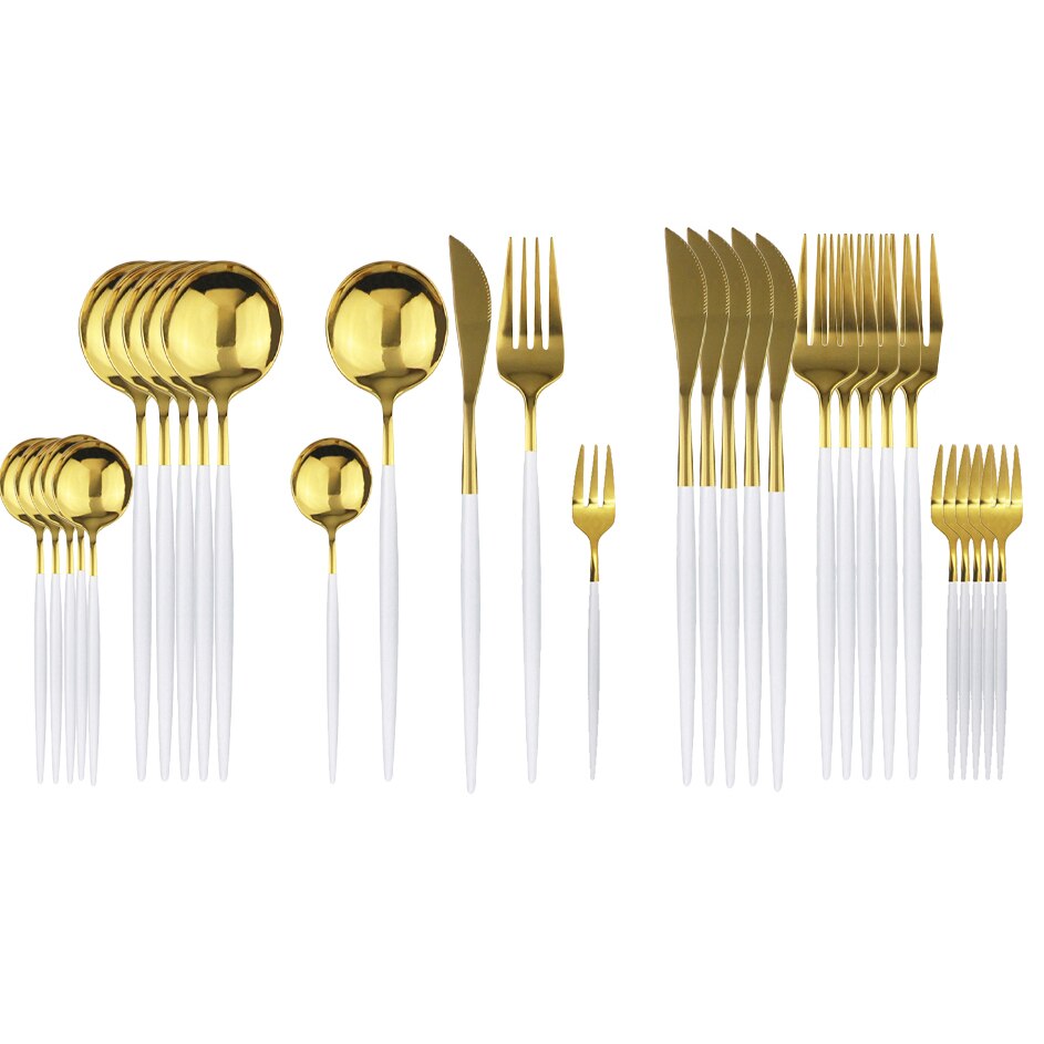 JANKNG – service de vaisselle noire, 30 pièces, fourchette à gâteau aux fruits, couteau en acier inoxydable, argenterie, couverts miroirs, service de table: White Gold