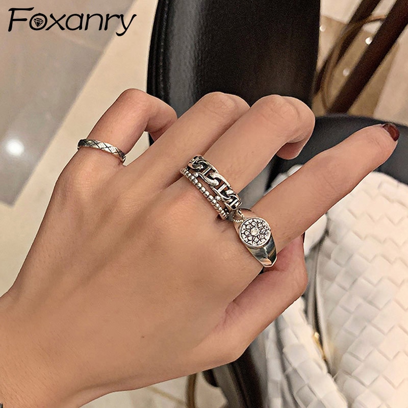 Foxanry Vintage Punk 925 Sterling Silver Rings for Women Simple Double-layered Geometric Thai Silver Party Jewelry