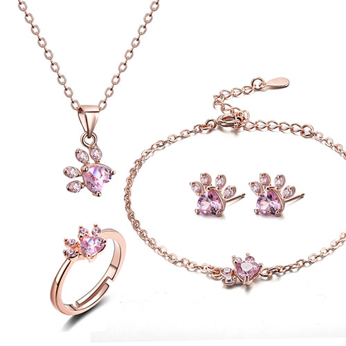 4 Stuks Kat Bear Poot Ring Voor Vrouwen Sieraden Sets Wit Cz Steen Zilveren Kleur Ringen Ketting Armband oorbel Set: rose gold sets