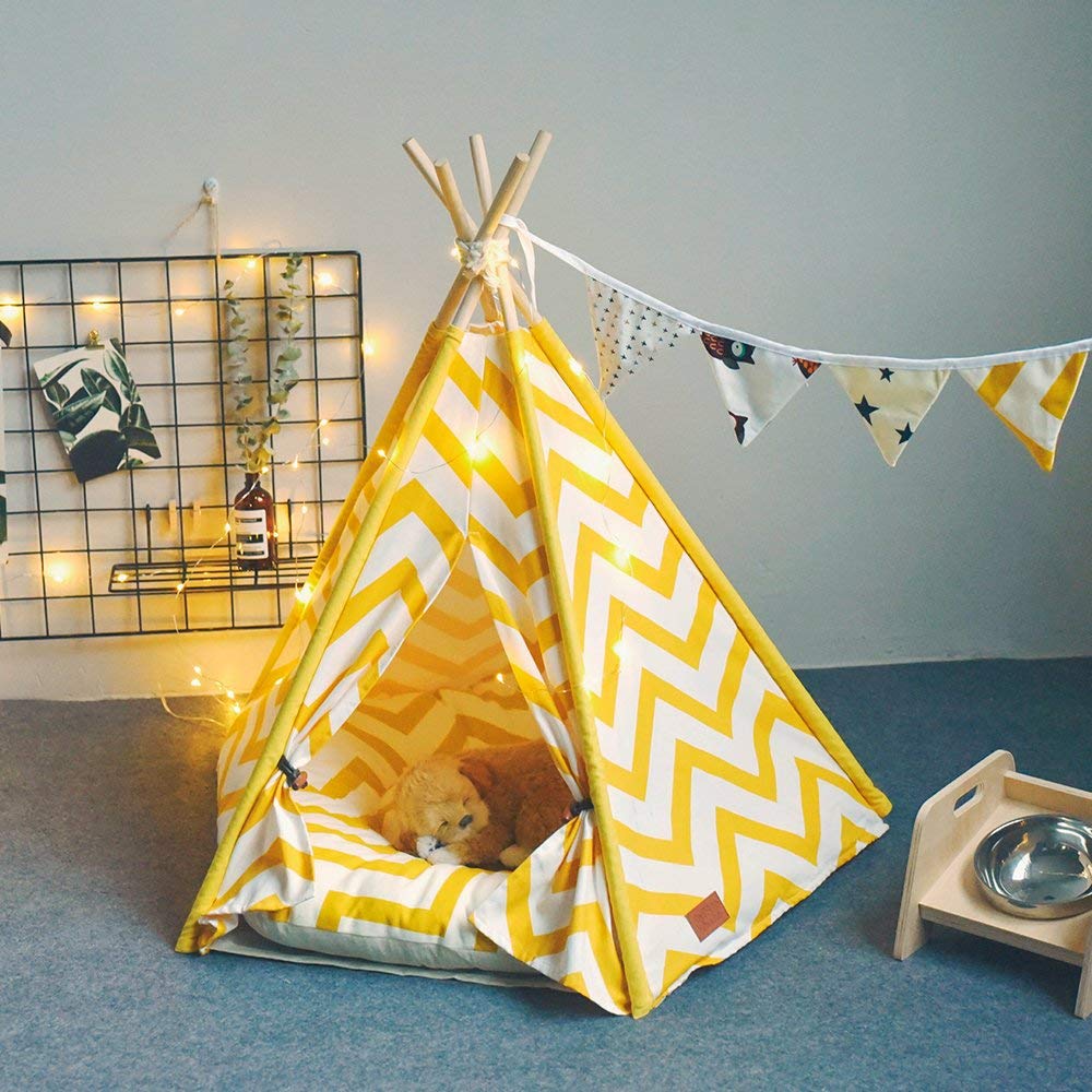 Gelb Chevron Leinwand Hund Tipi Tipi Bett Zelt Katze Zelt Katze Tipi Ohne Kissen 24 Zoll