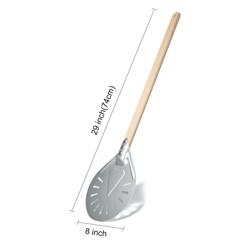 SHANGPEIXUAN Perforated Pizza Peel with Turning Pizza Peel Wood Handle Pizza Shovel Anodized Short Spatulas Baking Tools: light green