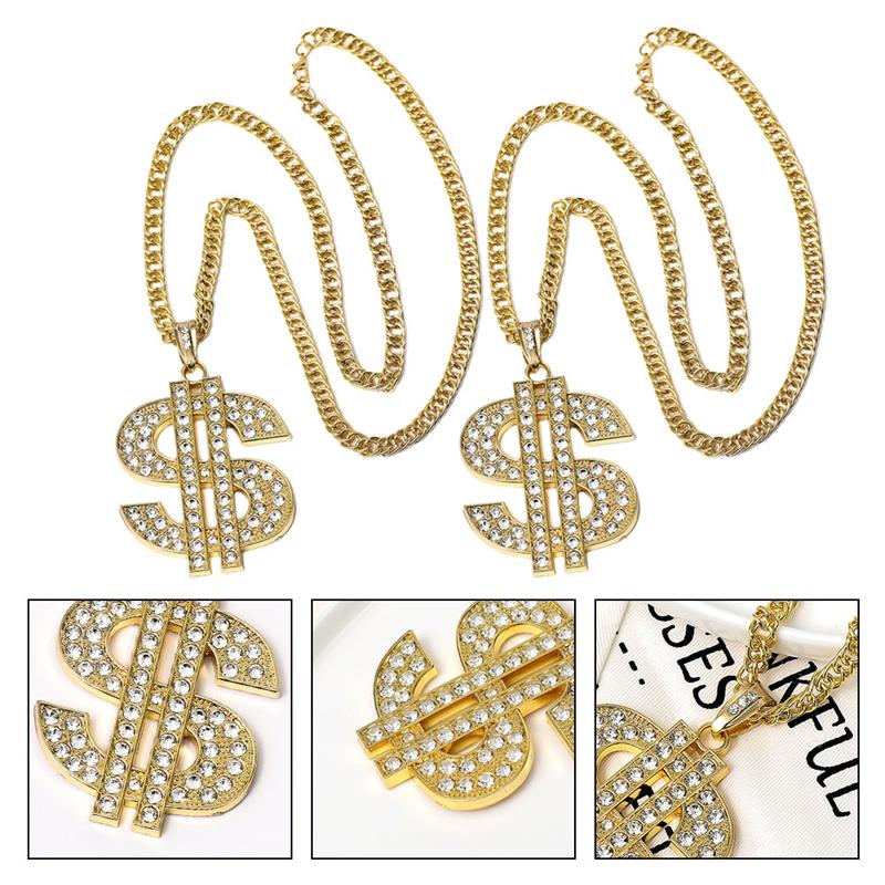 2 Pcs Pretend Play Toy Hip Hop Costume Rapper Accessories Dollar Sign Gold Chain Ring Alloy Plating Necklace For Party (Golden)