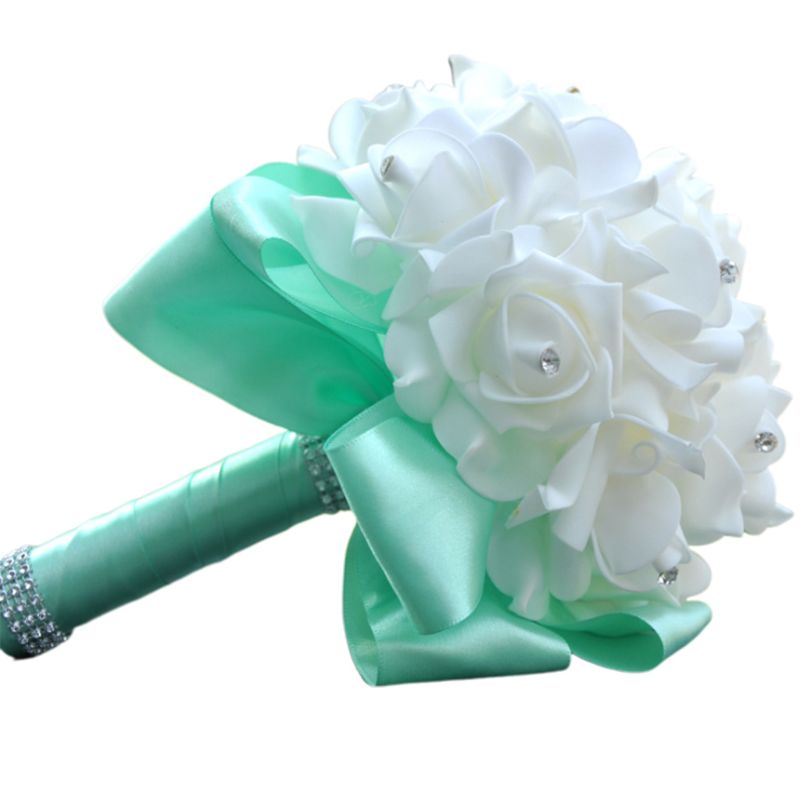 Korean Style Wedding Bridal Bouquet Artificial Flower PE Foam Roses With Faux Crystal Rhinestone Ribbons for Party Church Decor