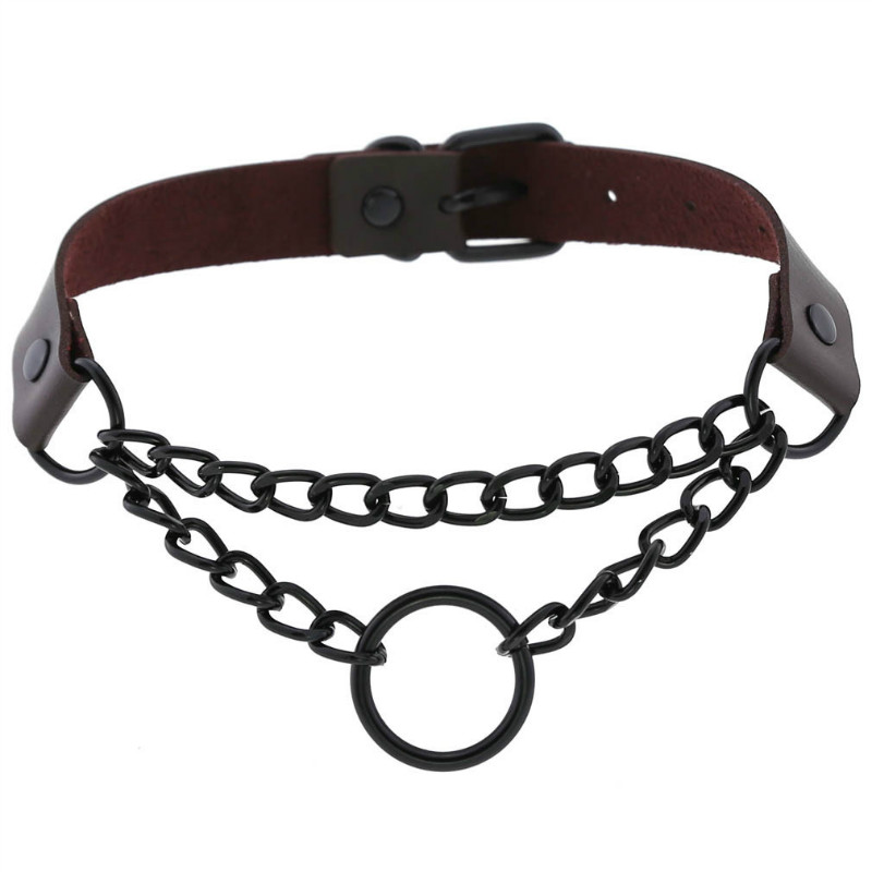 Gothic Dark circle chain collar harajuku punk choker women girls black leather buckle chocker emo kawaii jewelry accessories: CR703M dark brown