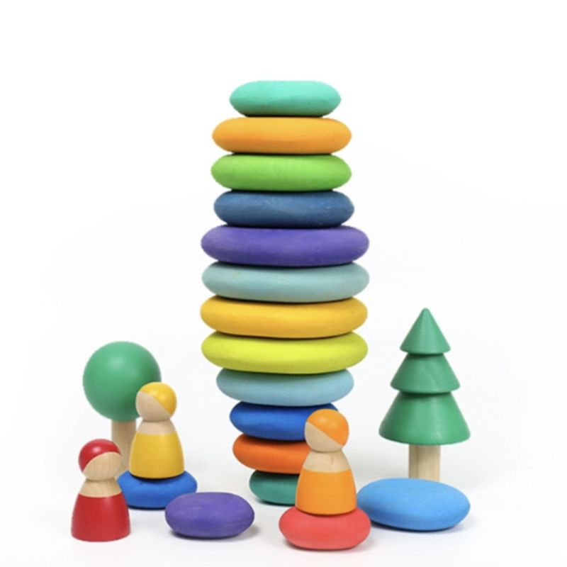 Børn træ regnbue flad sten stabling spil byggesten børn pædagogisk legetøj