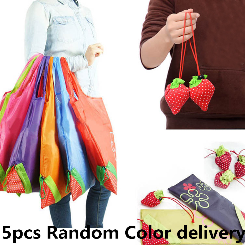 Bolsa de Nylon plegable para comestibles, bolso de compras grande de fresa, bonito bolso de viaje, ecológico, Floral, reutilizable, 5 uds.: Default Title