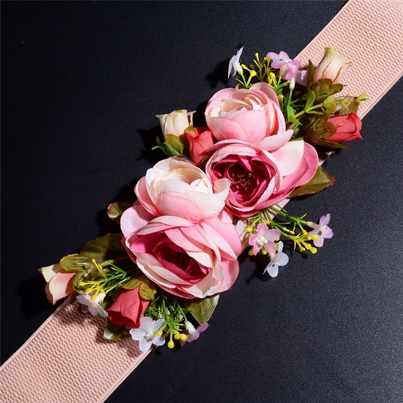 Imixlot Zoete Elegante Vrouwen Roze Bloem Riem Elastische Taille Ketting Bruiloft Gesp Tailleband Boho Bloemen Riem Accessoires