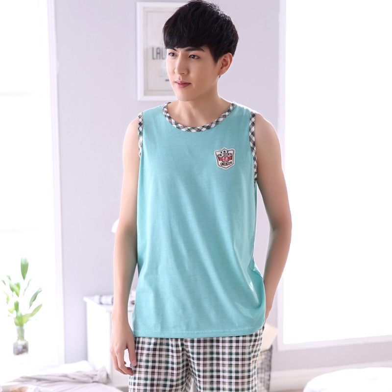 Summer Men Pajamas Home Clothing Sleeveless Vest Pyjamas Shorts Sleepwear Male Thin Cotton Sleep Lounge M-4XL Size