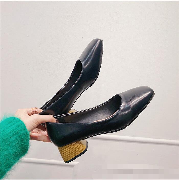 Eoeodoit vår høst med hæl sko kvadrat tå lær pumps slip on uformell chunky hæl kontor dame arbeidssko: Svart / 6.5