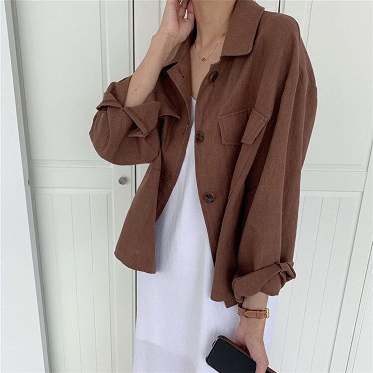 Summer Fall Women Jacket Casual Pockets Cargo Oversize Cotton and Linen Wild Outerwear Split Buttons Short Tops JK8571: Auburn / M