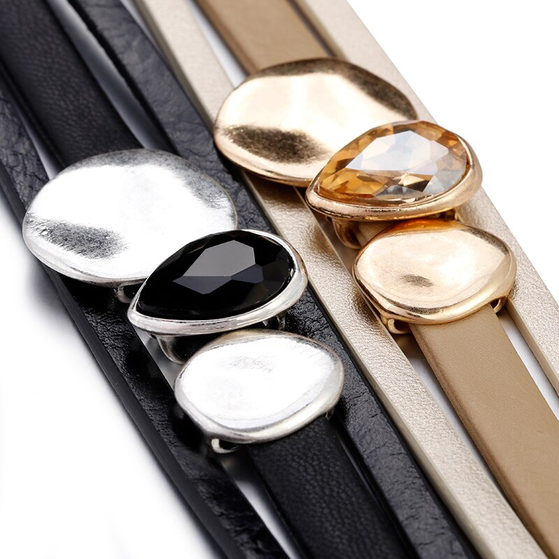 FLASHBUY Big Crystal Metal Leather Bracelets For Women Unique Charms Magnetic Wide Warp Bracelet Jewelry