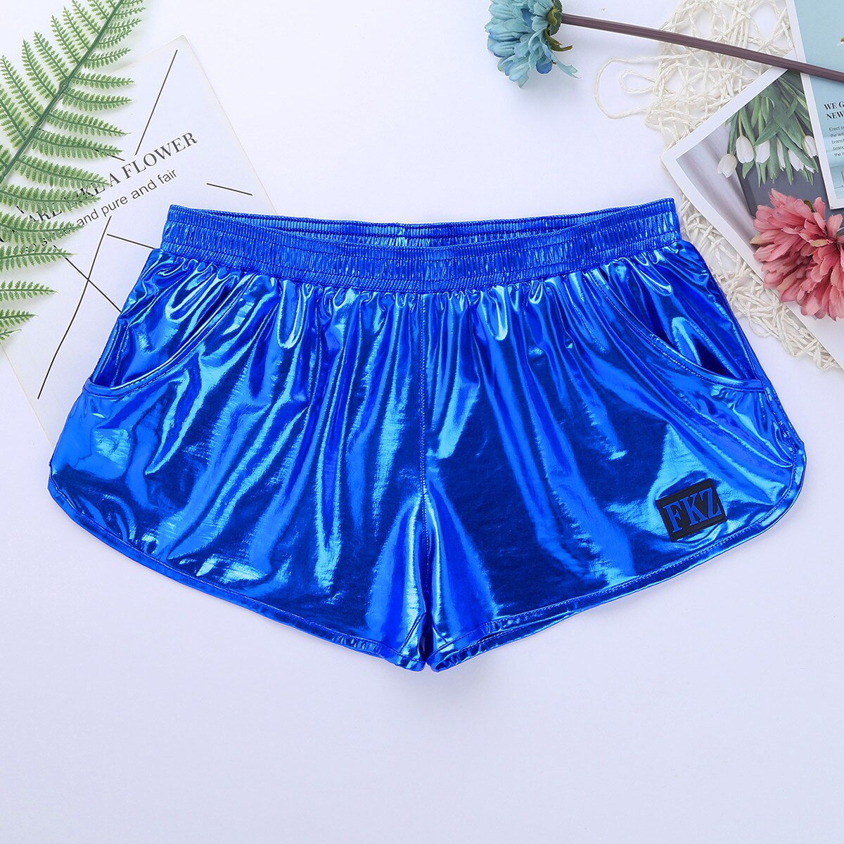 TiaoBug Shiny Metallic Solid Color Low Rise Elastic Waistband Men Swim Boxer Shorts Club Rave Dance Costume Bathing Suit Trunks