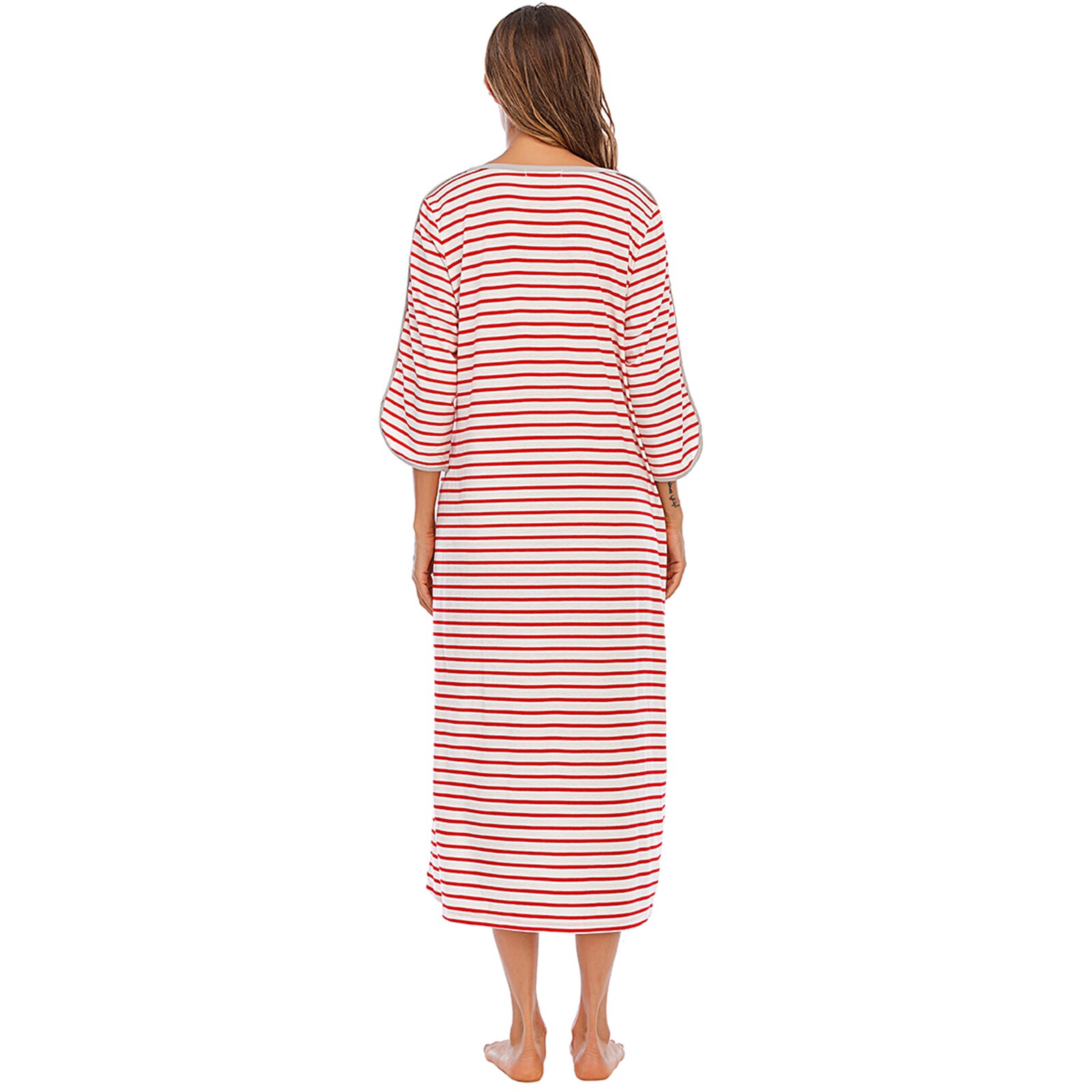 Chemise de nuit à rayures pour femmes poches zippées manches trois-quarts chemises de nuit mi-mollet robes de tenue décontractée longues