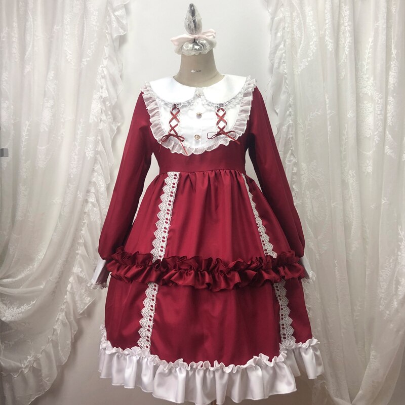 Kawaii Pink Lolita Dress Cute Lace Ruffle Doll Collar Victorian Dress Gothic Lolita Clothes Cosplay Maid Dress BL4346