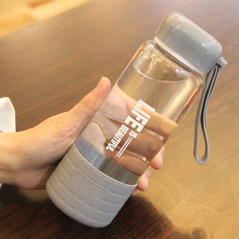 Fsile 450ml glas bærbar kop kvindelig studerende varmebestandig vandflaske frisk og sød enkel koreansk glas vandbæger: Grå