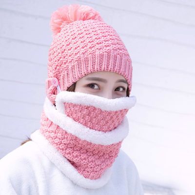 Gorro de lana de Pelo Liso para mujer, gorro de Cachemira de punto grueso y cálido, conjuntos de bufandas para exteriores, de invierno,: Pink