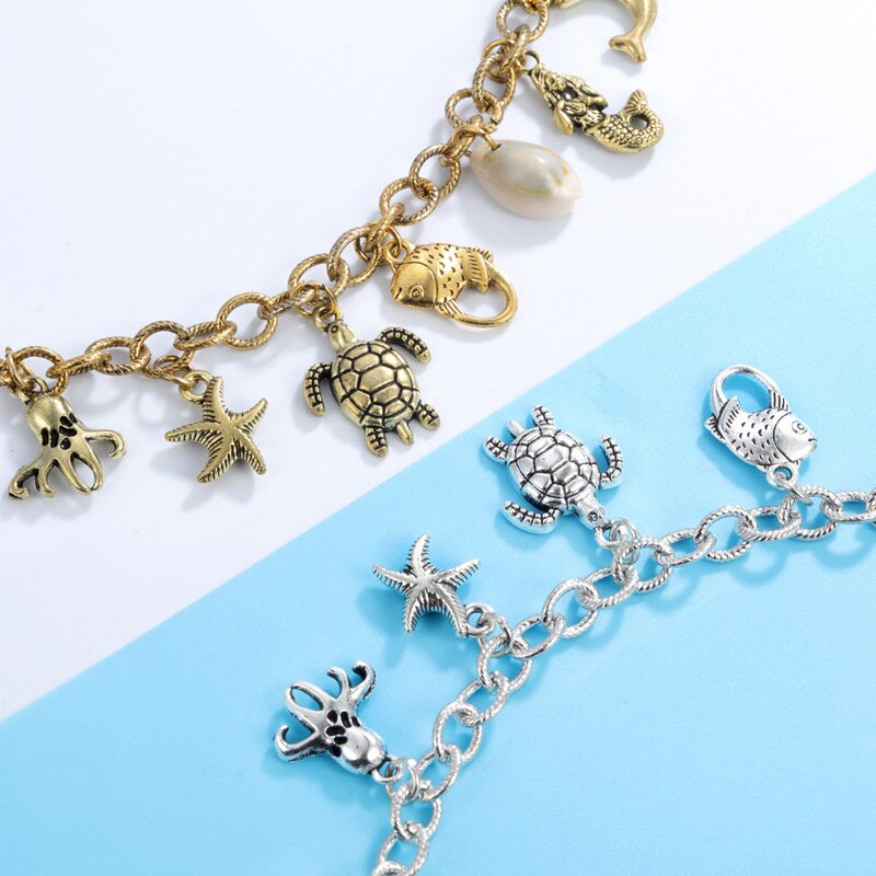 Starfish Sea Shell Charms Anklets Bracelets Alloy Metal Animal Turtle Pendant Heart Ankle Sandals Barefoot Jewelry Chain