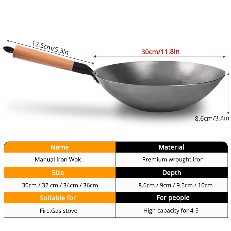 Casserole chinoise en fonte de 34CM, Wok à fond rond antiadhésif Non revêtu avec manche en bois de hêtre pour cuisinière à gaz, ustensiles de cuisine