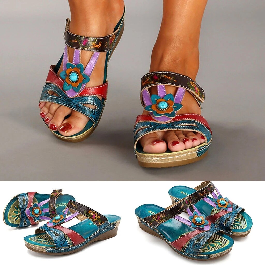 Pantoufles à bout ouvert pour femmes, sandales ethniques avec fleurs et vent, rétro bohème, babouches pour la plage, grande taille, collection été, décontracté