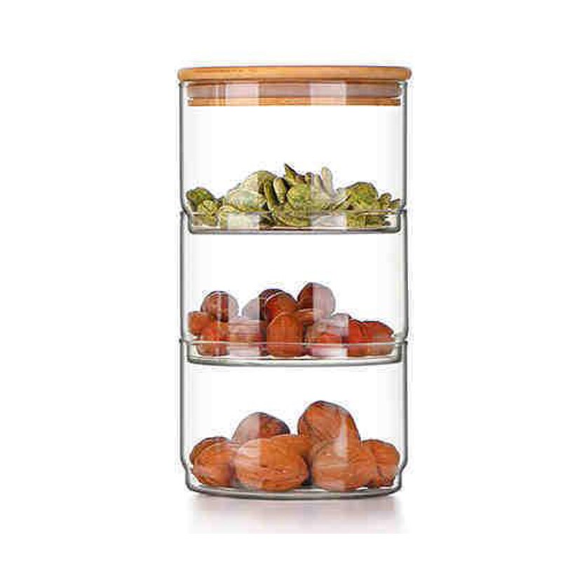 Tarros de almacenamiento de vidrio apilables de alta borosilicato, combinación de tanque de bambú, latas selladas de clasificación, botella de almacenamiento de cocina: 3BottlesWithCover