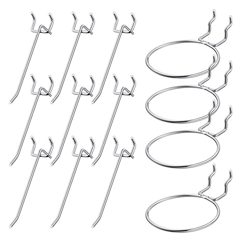 14 Pcs Pegboard Hooks Set Includes 4 Pcs Circle Hooks Ring Style Pegboard Hooks and 10 Pcs Pegboard Pegs Board Hook Set: Default Title