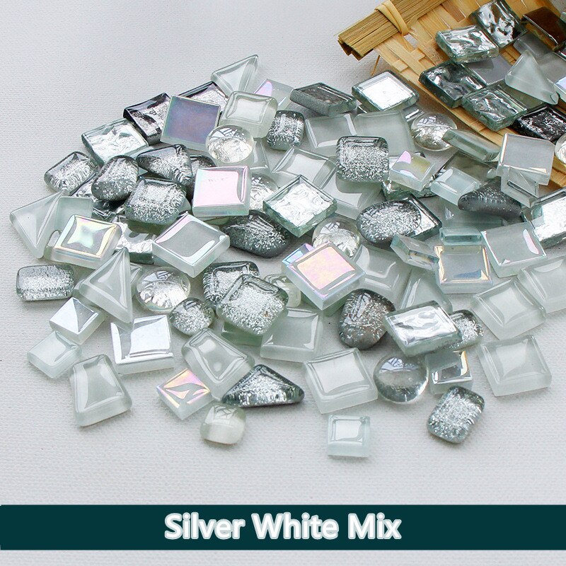 100g/3.52oz Glass Mosaic Tiles Multi Shape/Color Mixed Tiles Diversified Mosaic Materials DIY Crafts Stones: Silver White Mix