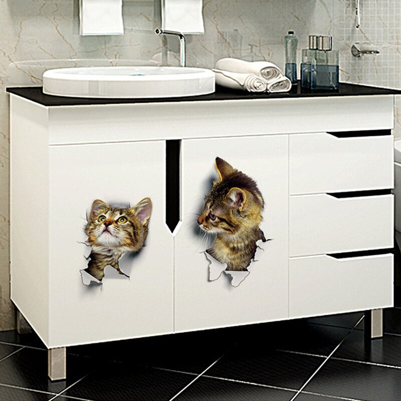 Pegatinas de vinilo 3D para el baño de gatos, vinilo impermeable con de Gato Azul encantador para la pared del baño