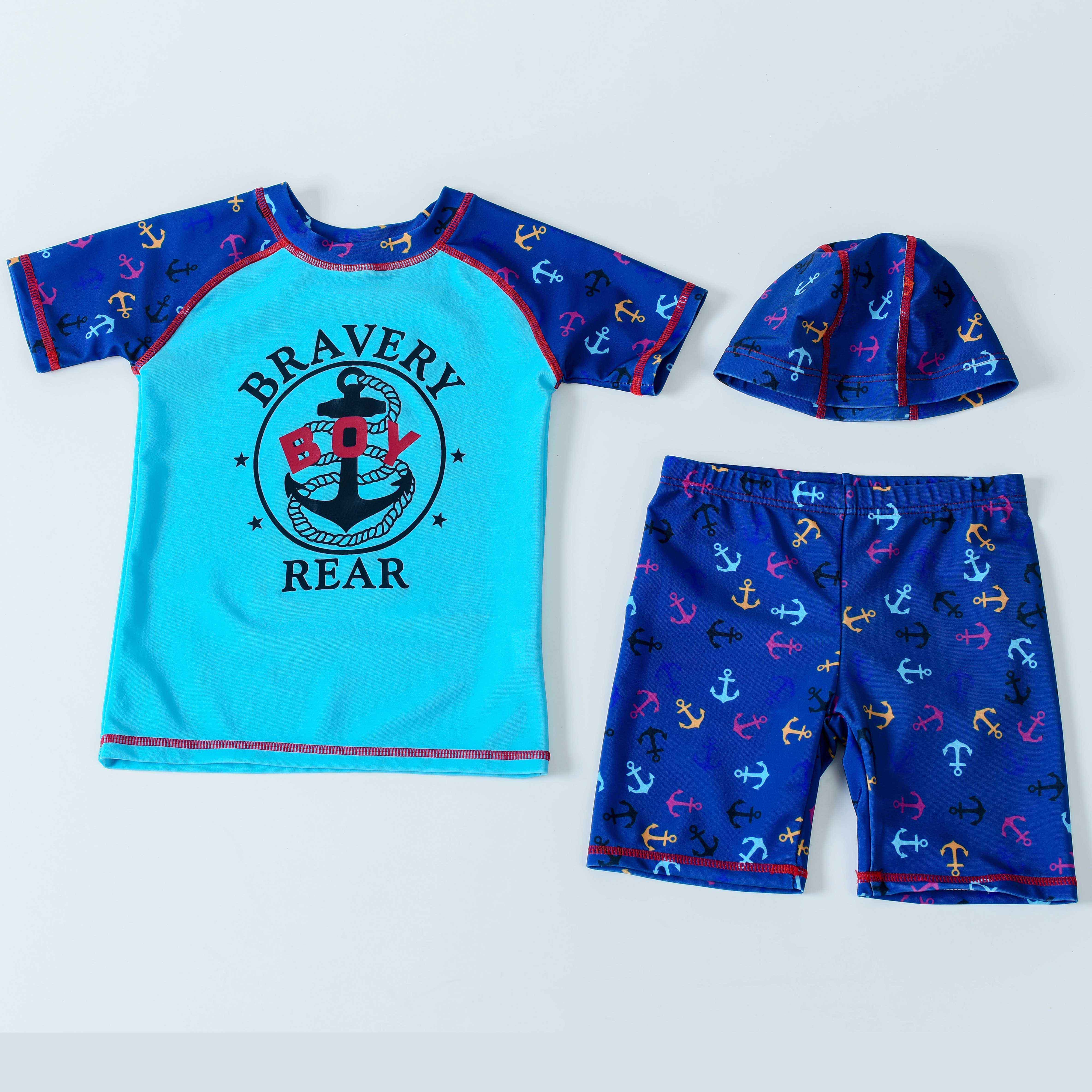 Jongens Badmode Kinderen Zwemkleding Korte Mouwen Bodysuit Jongens 2 Stuks Zwemkleding Met Cap Kids Badpak Jongen Zon-proof Beachwear: Blauw / 3XL(11-12years)