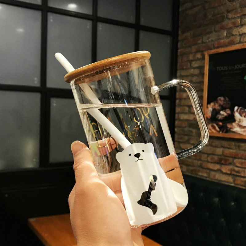 Glas sød stor kapacitet glas varmebestandig drikkekop kontor kvindelig tegneserie krus med låg ske