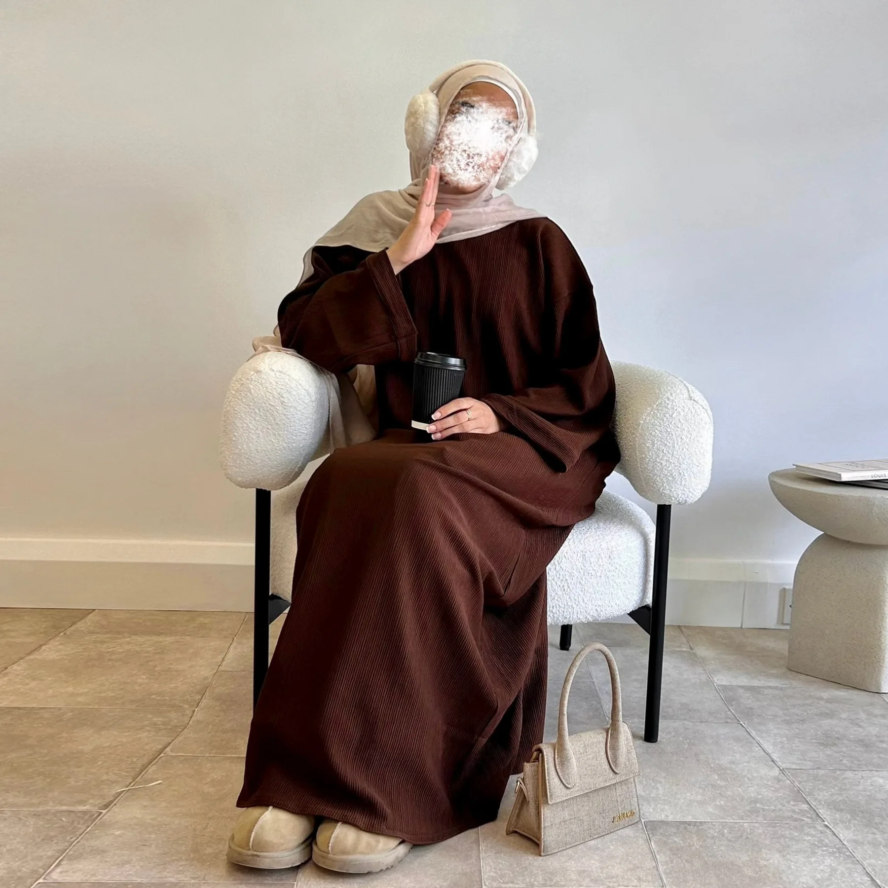 Robe Abaya en velours côtelé arabe pour femmes Ramadan dubaï femmes manteau musulman modeste hiver Islam vêtements nouvelle Robe solide turquie: L / GRIS