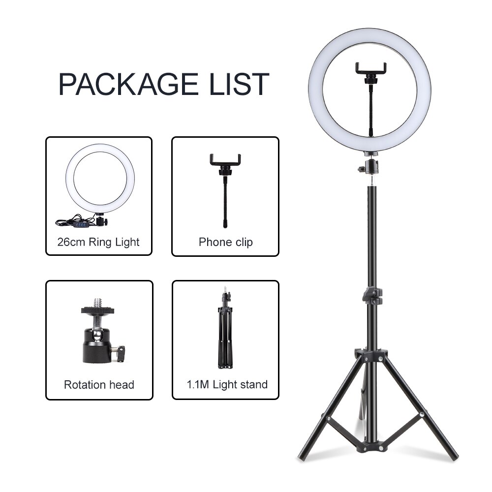 Selfie Stativ LED Ring Licht 10 inch Dimmbar 3200-5500 Farbe Modi Flexible Handy Runde Lampe Für ringlight Tiktok: 1.1M stand set