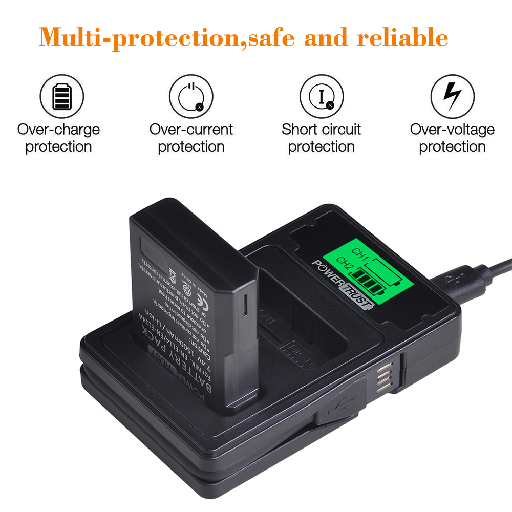 EN-EL14 EN-EL14A Battery+LCD USB Dual Charger with Type C Port for Nikon D3100 D3200 D3300 D3400 D3500 D5600 D5100 D5200 P7000