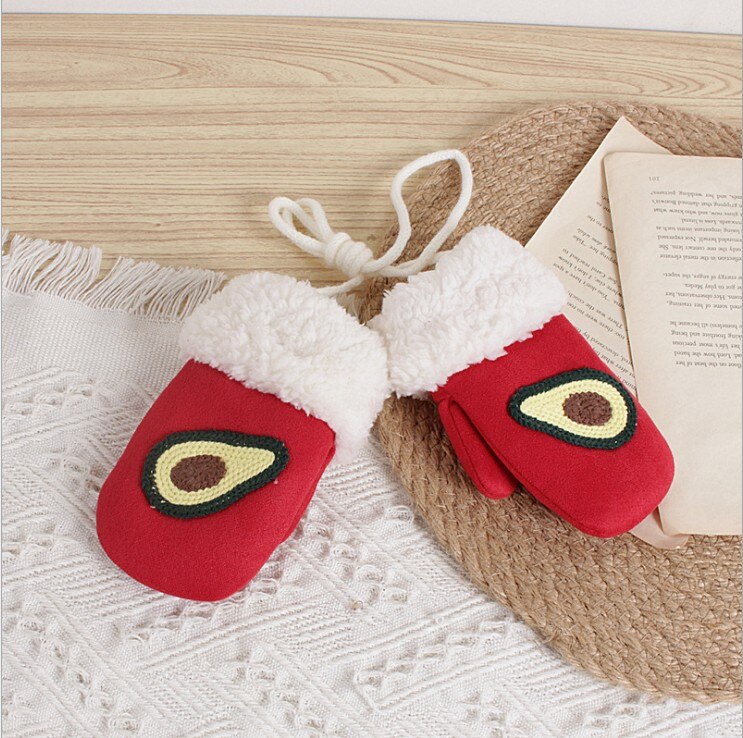 Kinderhandschoenen fruit borduurwerk winterhandschoenen voor meisjes en jongens geel groen grijs rood roze: Rood