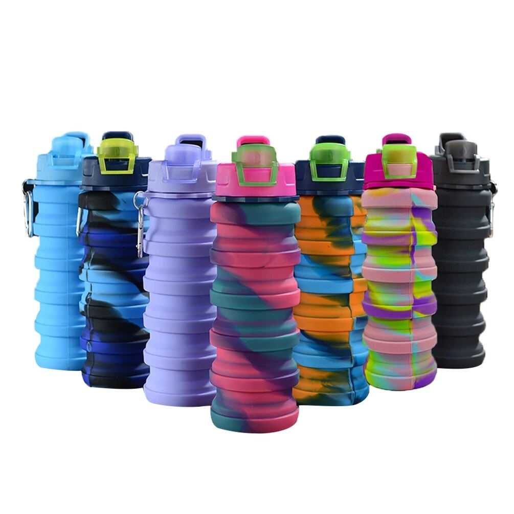 7 Kleuren Draagbare Inklapbare Silicone Water Fles Met Deksel Effen Kleur/Camouflage Opvouwbare Waterkoker Voor Sport Reizen Fles