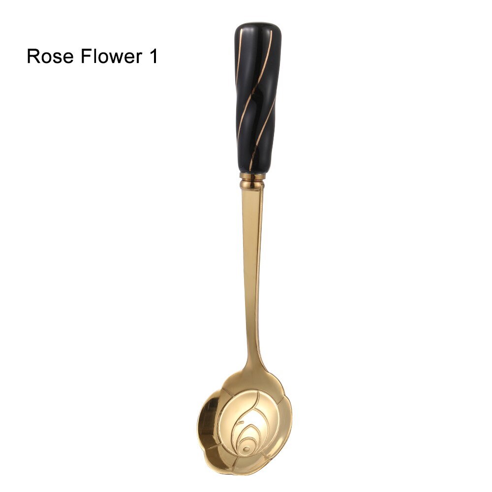 Rvs Koffie Lepel Keramische Handvat Theelepels Bestek Lepel Ijs Suiker Bestek Goud Keuken Tool: Rose Flower 1