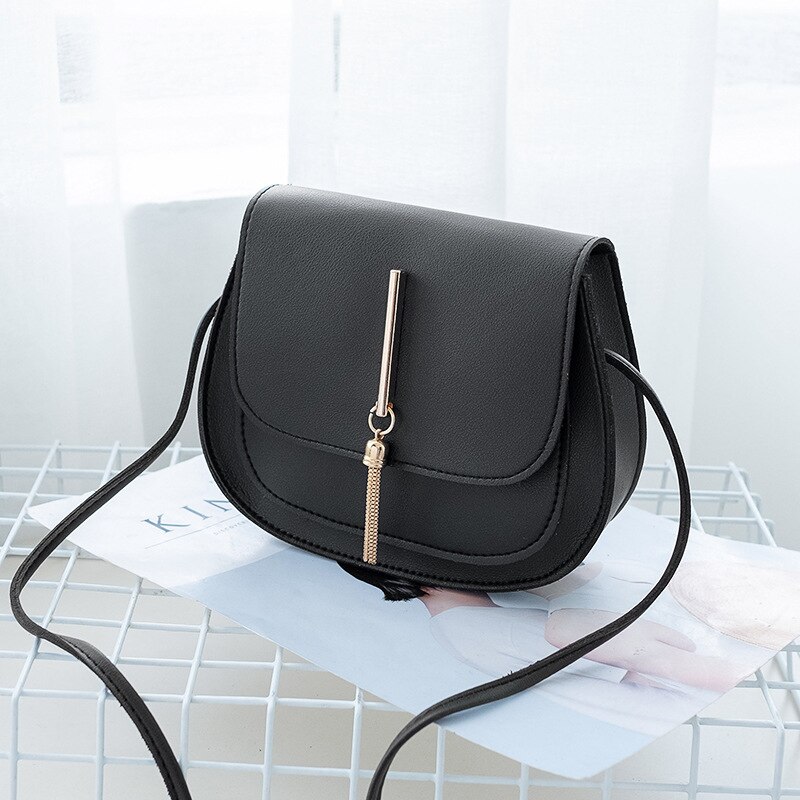 PU Leather Women's Shoulder Bag Autumn Small Lady Messenger Bag Mobile Phone Coin Purse Metal Tassel Soft Leather Saddle Bag: black