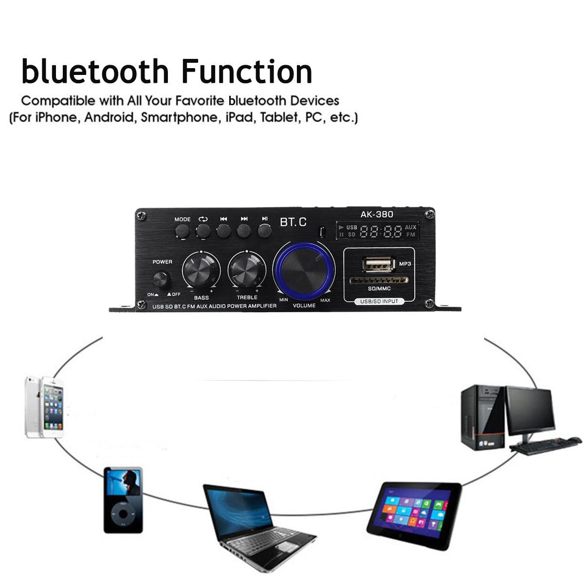 AK380/AK370/AK170 400W * 2 2 Kanaals Bluetooth Hifi Eindversterker Thuis Auto Audio Klasse D afstandsbediening Fm Radio Aux Usb/Sd