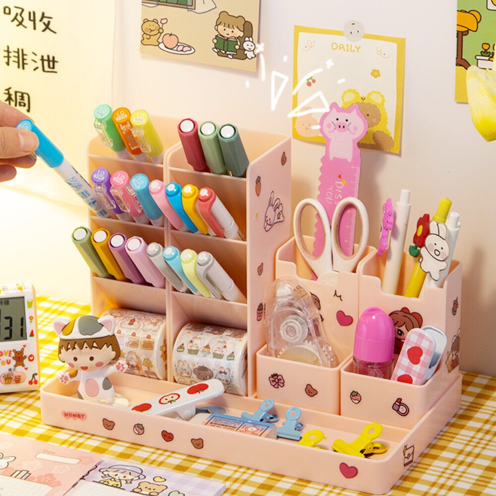Kawaii Desktop Stationery Organizer Pen Holder Storage Box Set Office Desk Storage Shelf Office Desktop Organizer Cute Storage