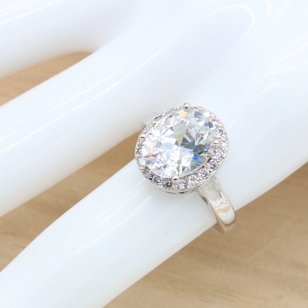 Set di gioielli classici Color argento con zirconi bianchi per bracciale da donna orecchini lunghi collana con ciondolo anello regalo